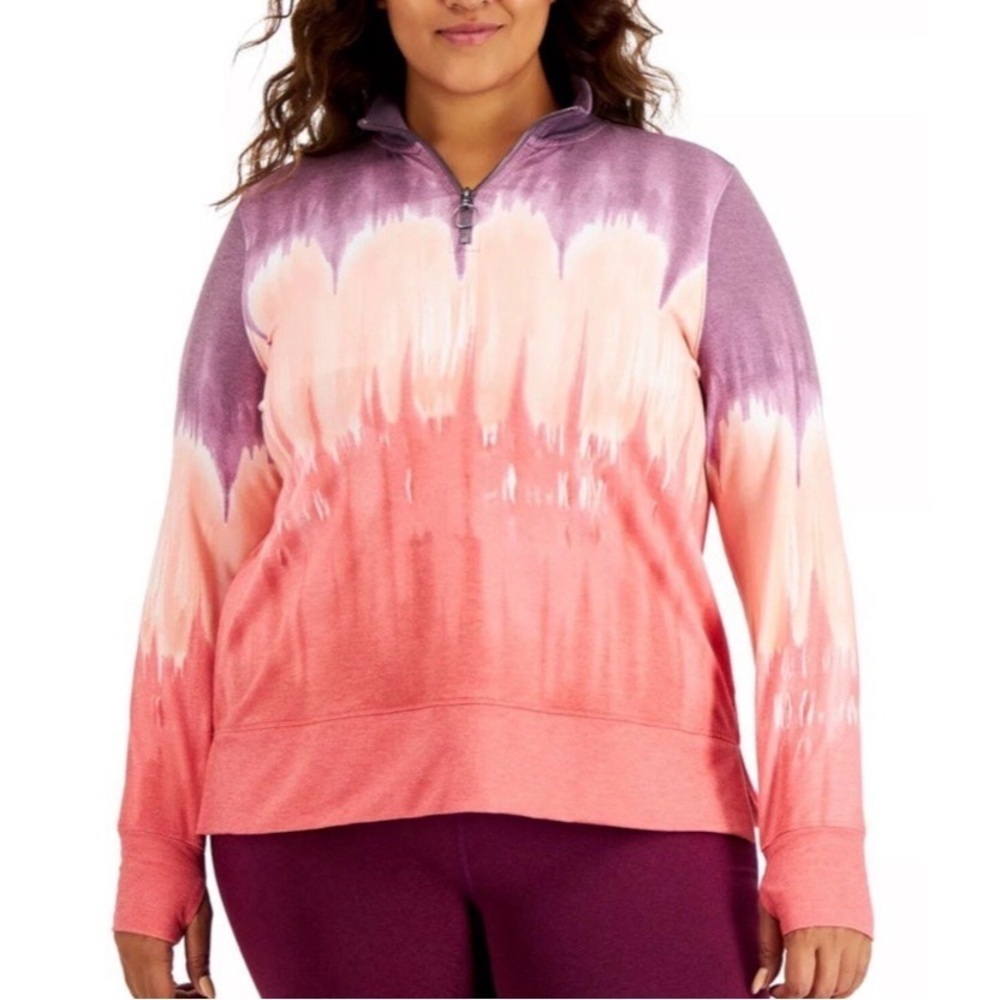 Ideology Off-Duty Trio Tie Dye Quarter Zip Pullover Sweatshirt 1X Purple Coral
